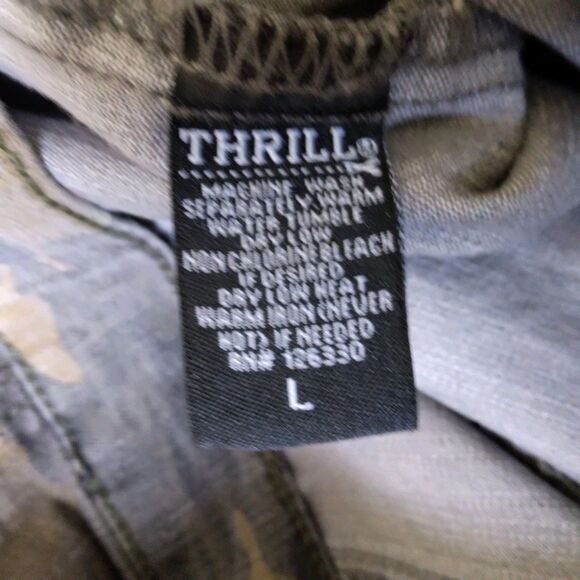 Thrill Jeans Denim Jacket Green Camo Distressed Frayed Grunge Womens Large - Picture 6 of 11